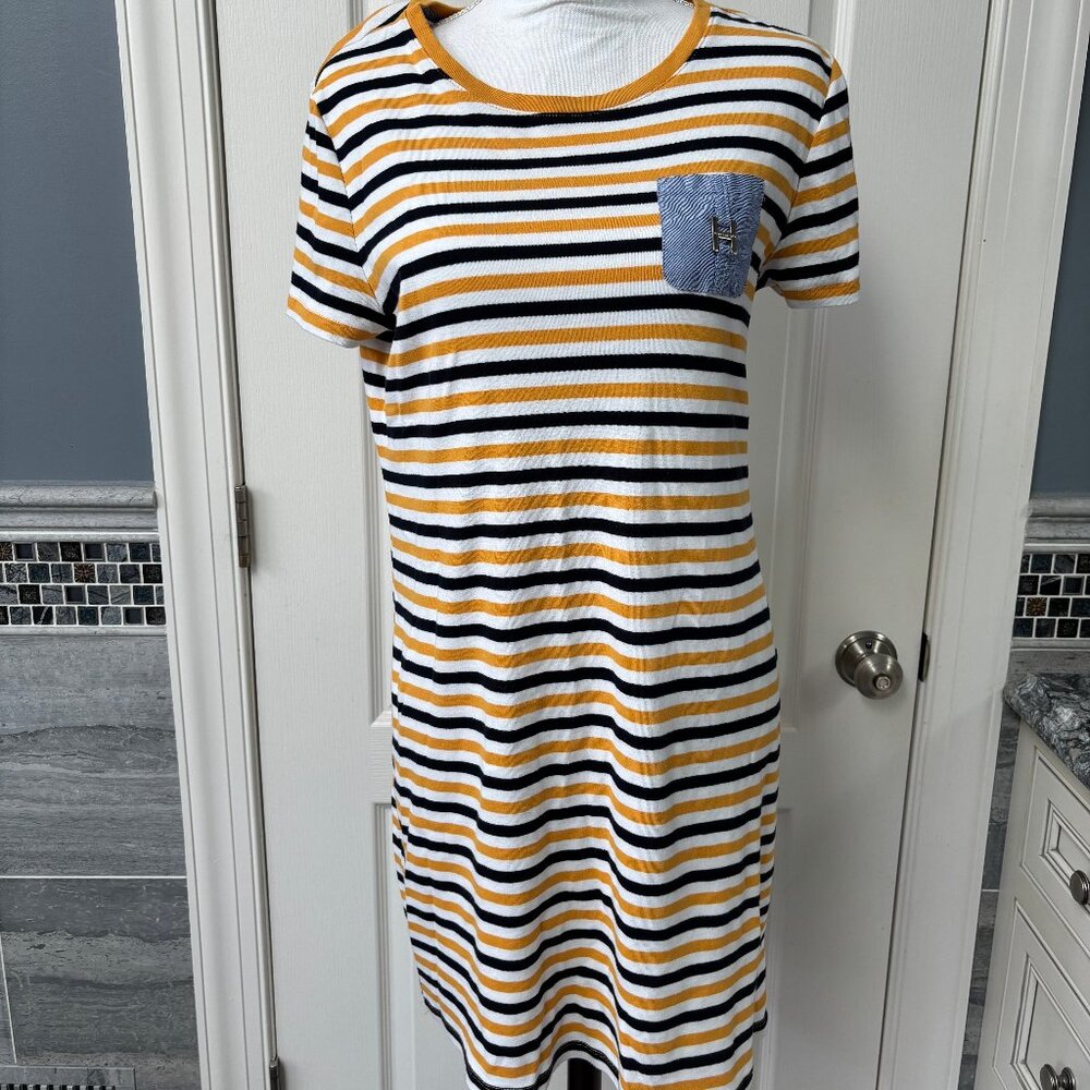 Tommy Hilfiger Womens Black White Gold Stripe Pocket T-Shirt Dress Size L Casual